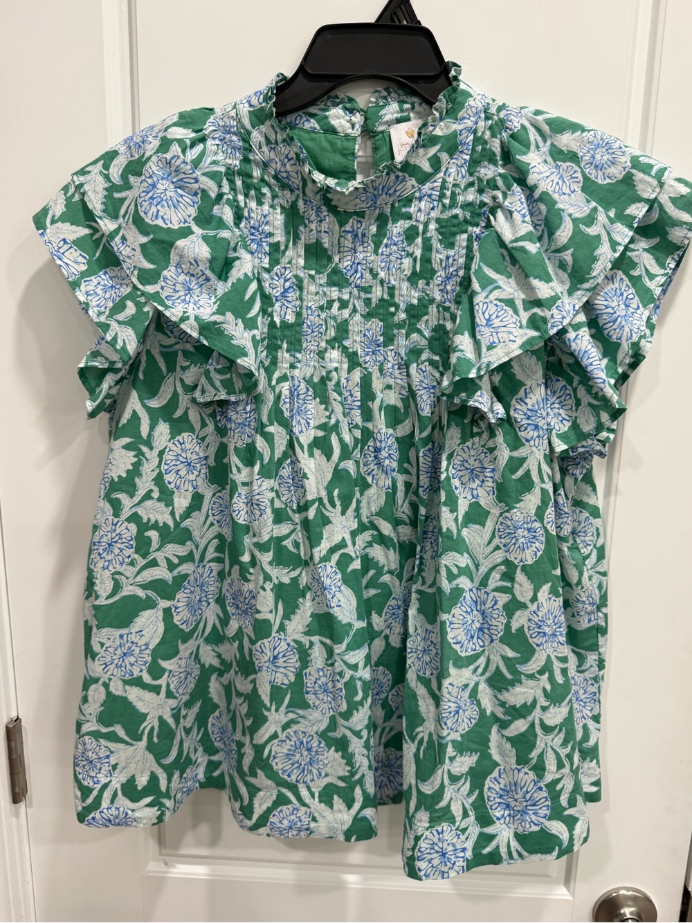 J. Marie The Merritt Pleated Green & Blue Floral Ruffle Blouse - Picture 2 of 6